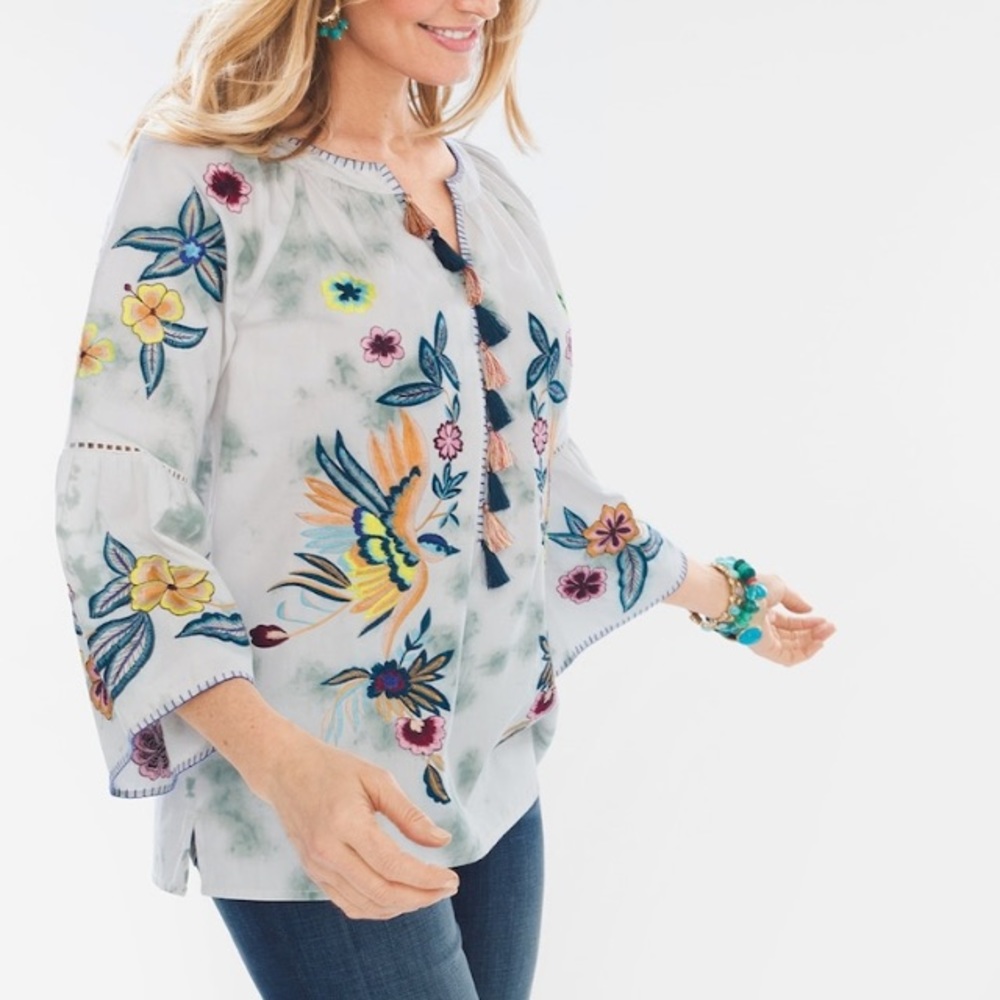Like new Chico’s Embroidered Birds Top M 8/10 $99!